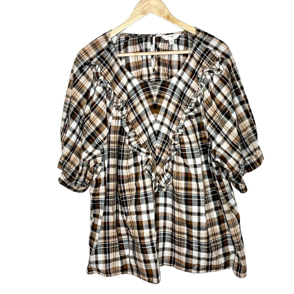 Plaid Ruffled Top Brown Womens Size 2X Preppy Academia Boho Punk Short Sleeve